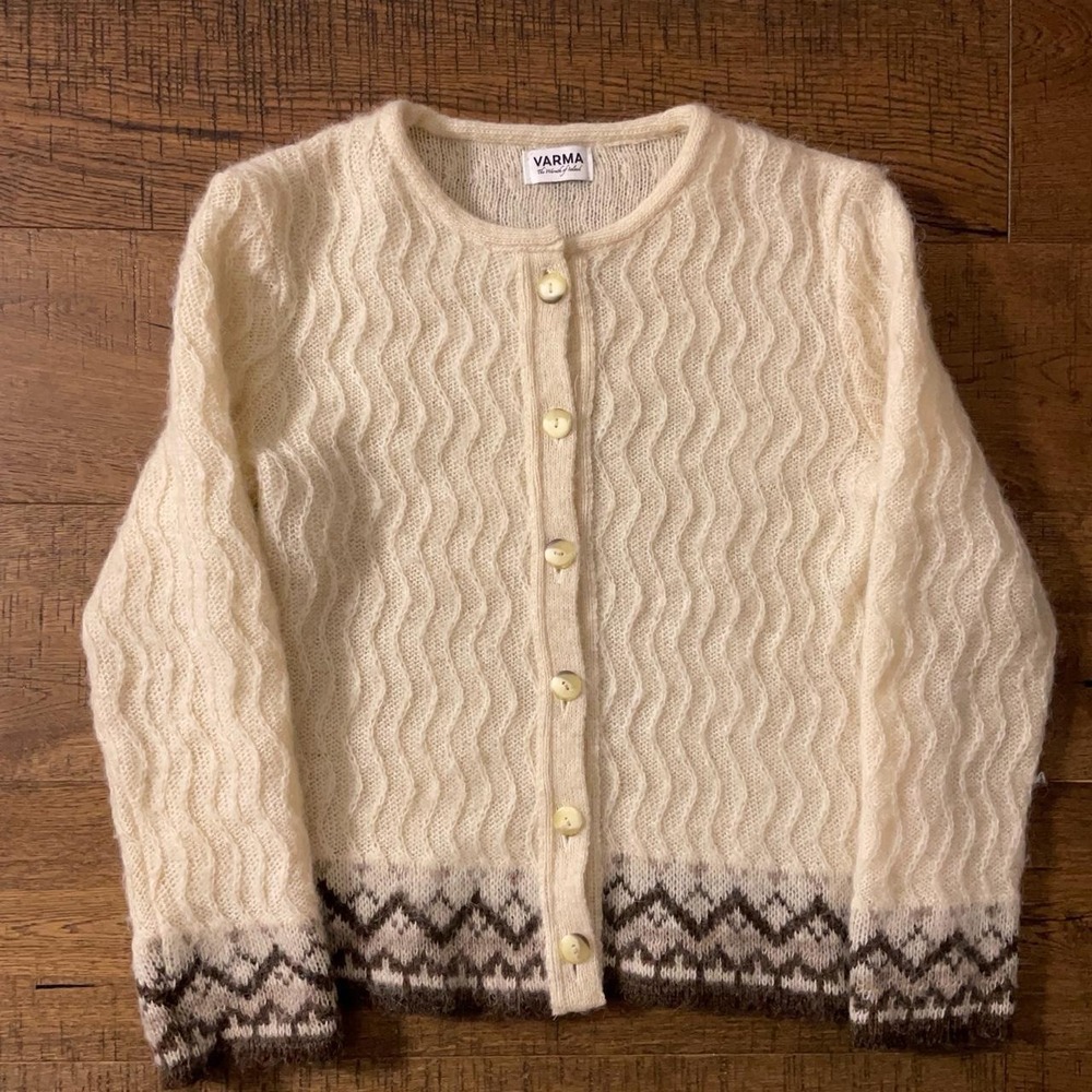 Varma Icelandic Wool Cardigan Women L Cream Brown Nordic Cottagecore Sweater